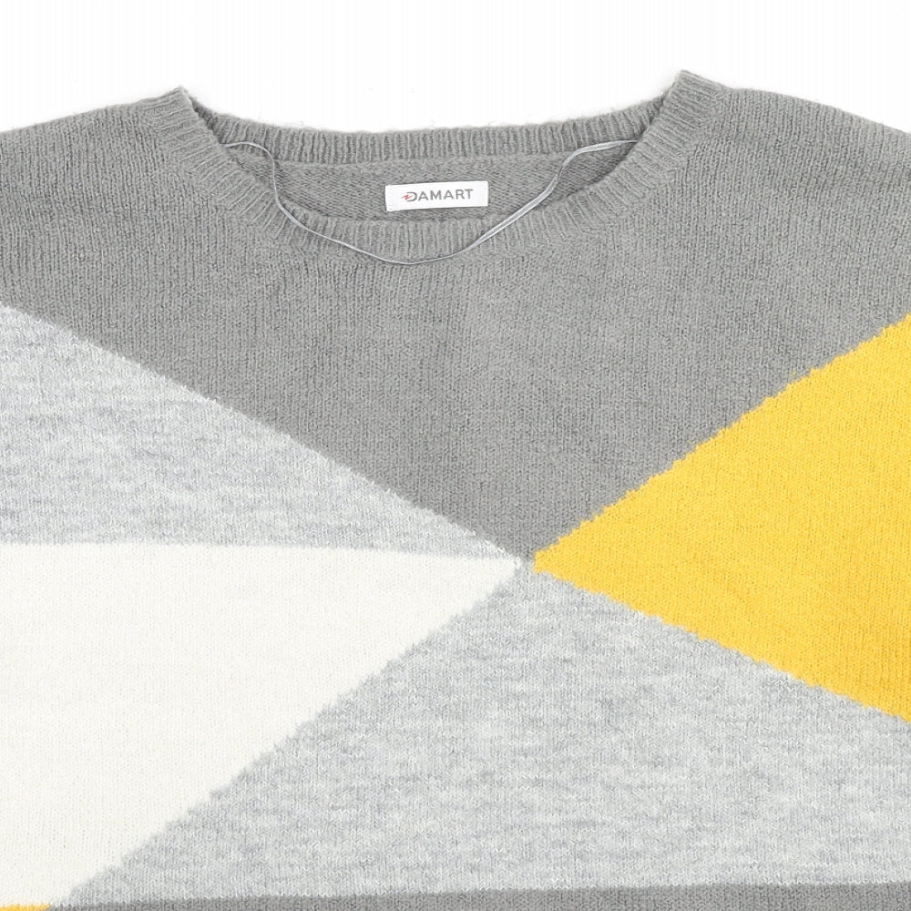 Damart Womens Grey Round Neck Geometric Acrylic Pullover Jumper Size 14 - Colourblock Pattern, Size 14-16