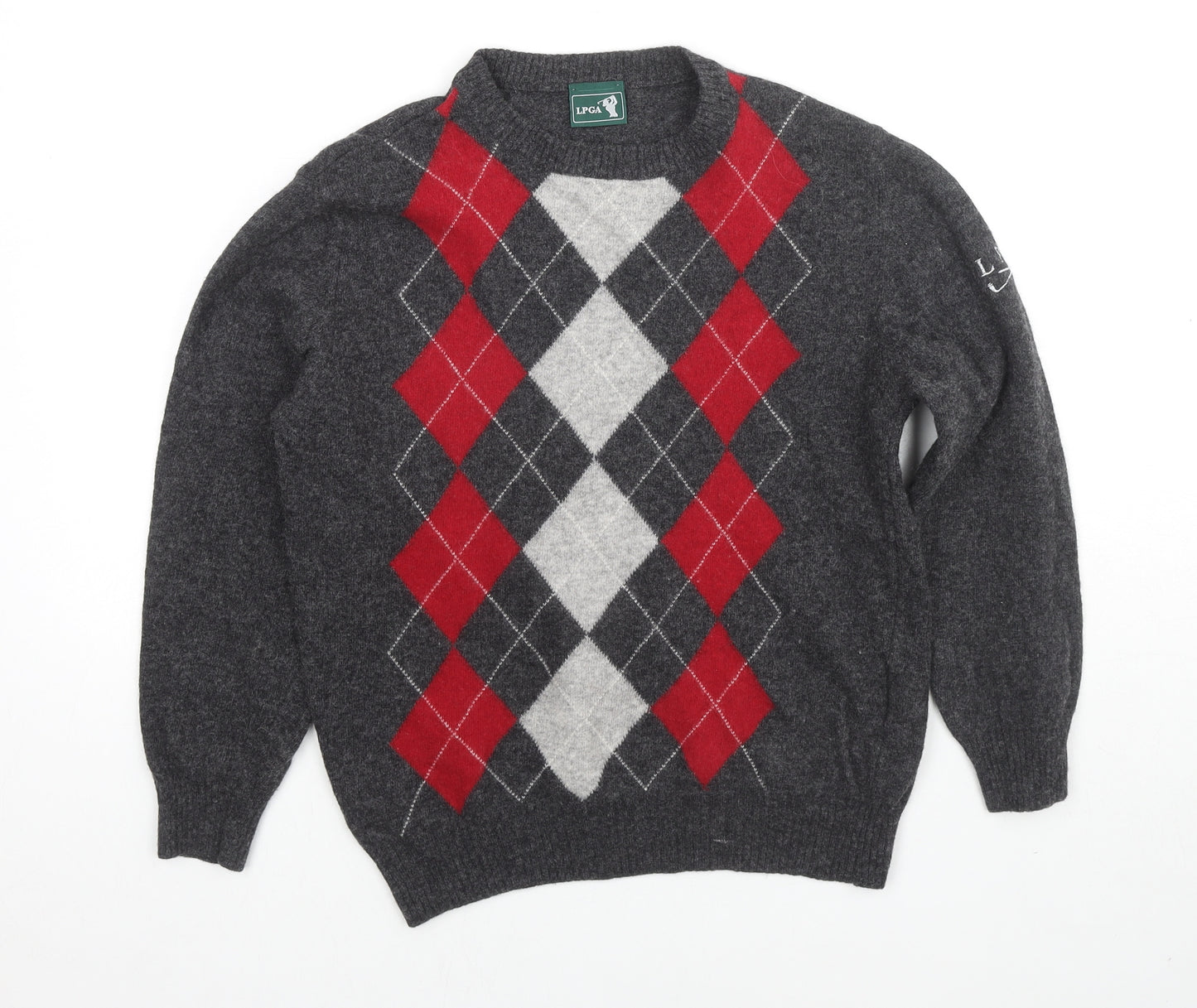 LPGA Mens Grey Round Neck Argyle/Diamond Wool Pullover Jumper Size S Long Sleeve