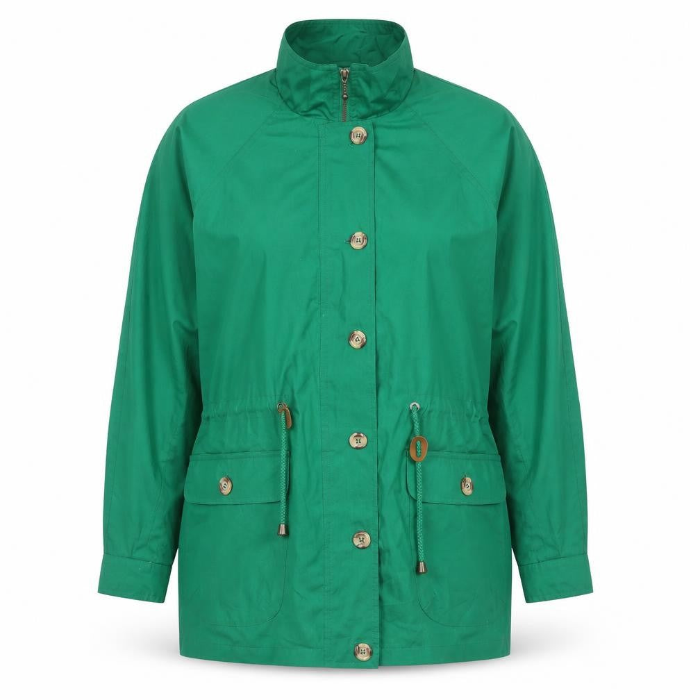 Front view of St Michael women’s green parka coat, size UK 14, zip