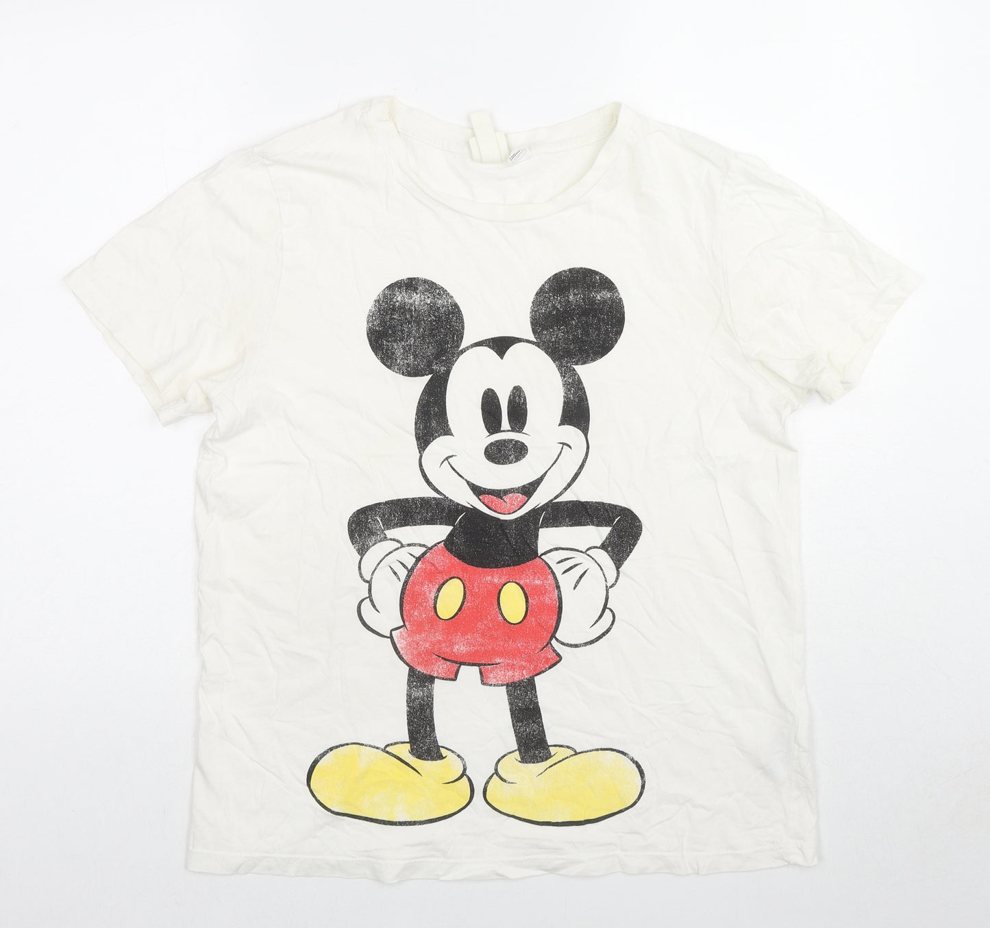 H&M Mens White Cotton T-Shirt Size M Round Neck - Mickey Mouse
