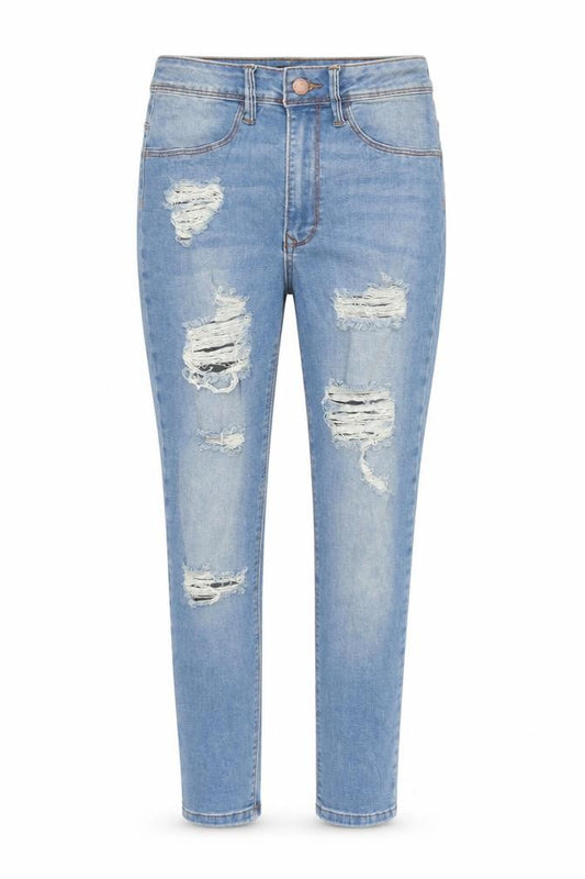 Front view of Fashion Nova women’s blue cotton skinny jeans, size UK 26, in, 31-inch leg regular zip