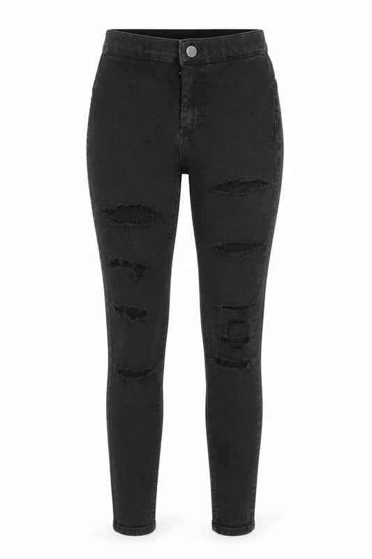 Front view of Topshop women’s black cotton skinny jeans, size UK 24, in, 30-inch leg regular zip