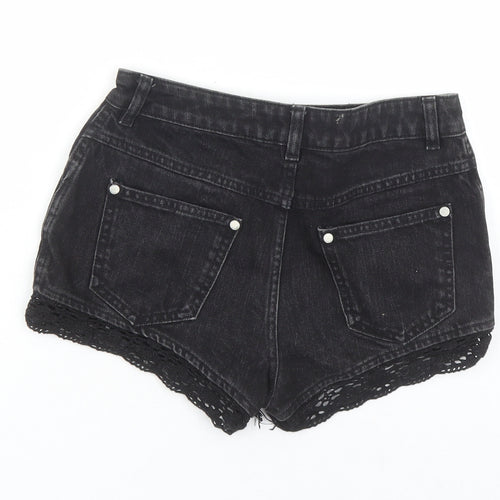 Miss Selfridge Womens Black Cotton Hot Pants Shorts Size 6 Regular Zip - Crochet Detail