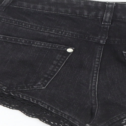 Miss Selfridge Womens Black Cotton Hot Pants Shorts Size 6 Regular Zip - Crochet Detail