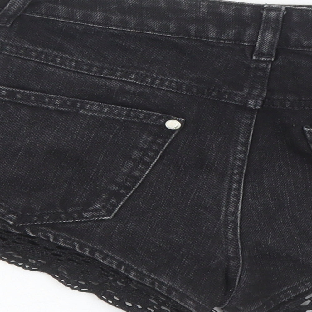 Miss Selfridge Womens Black Cotton Hot Pants Shorts Size 6 Regular Zip - Crochet Detail