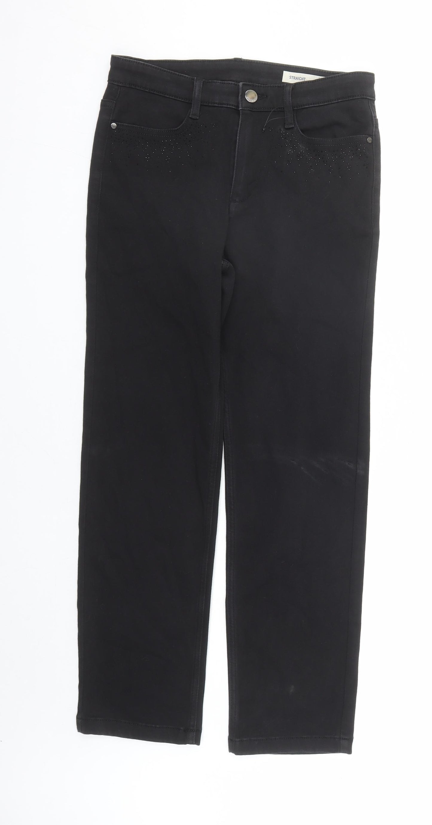 Marks and Spencer Womens Black Cotton Straight Jeans Size 10 L27 in Regular Zip - Rhinestone Detail