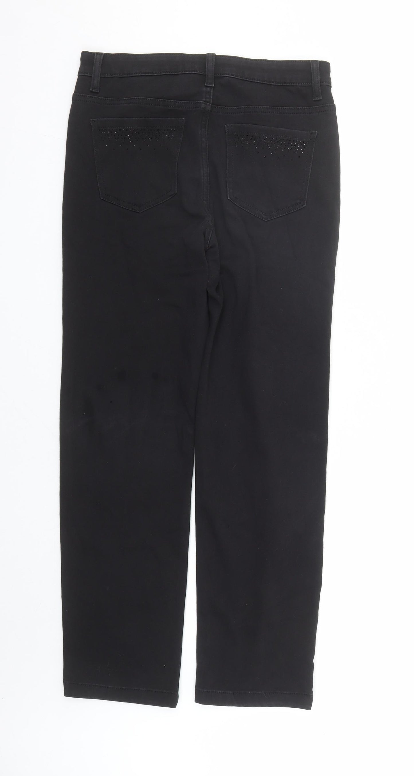 Marks and Spencer Womens Black Cotton Straight Jeans Size 10 L27 in Regular Zip - Rhinestone Detail