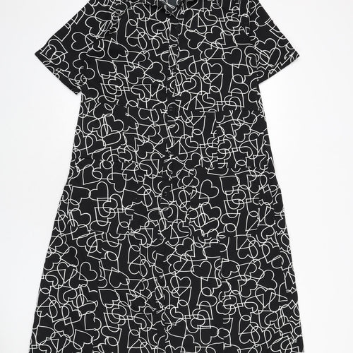 Wednesday's Girl Womens Black Geometric Polyester A-Line Size S Collared Button - Hearts