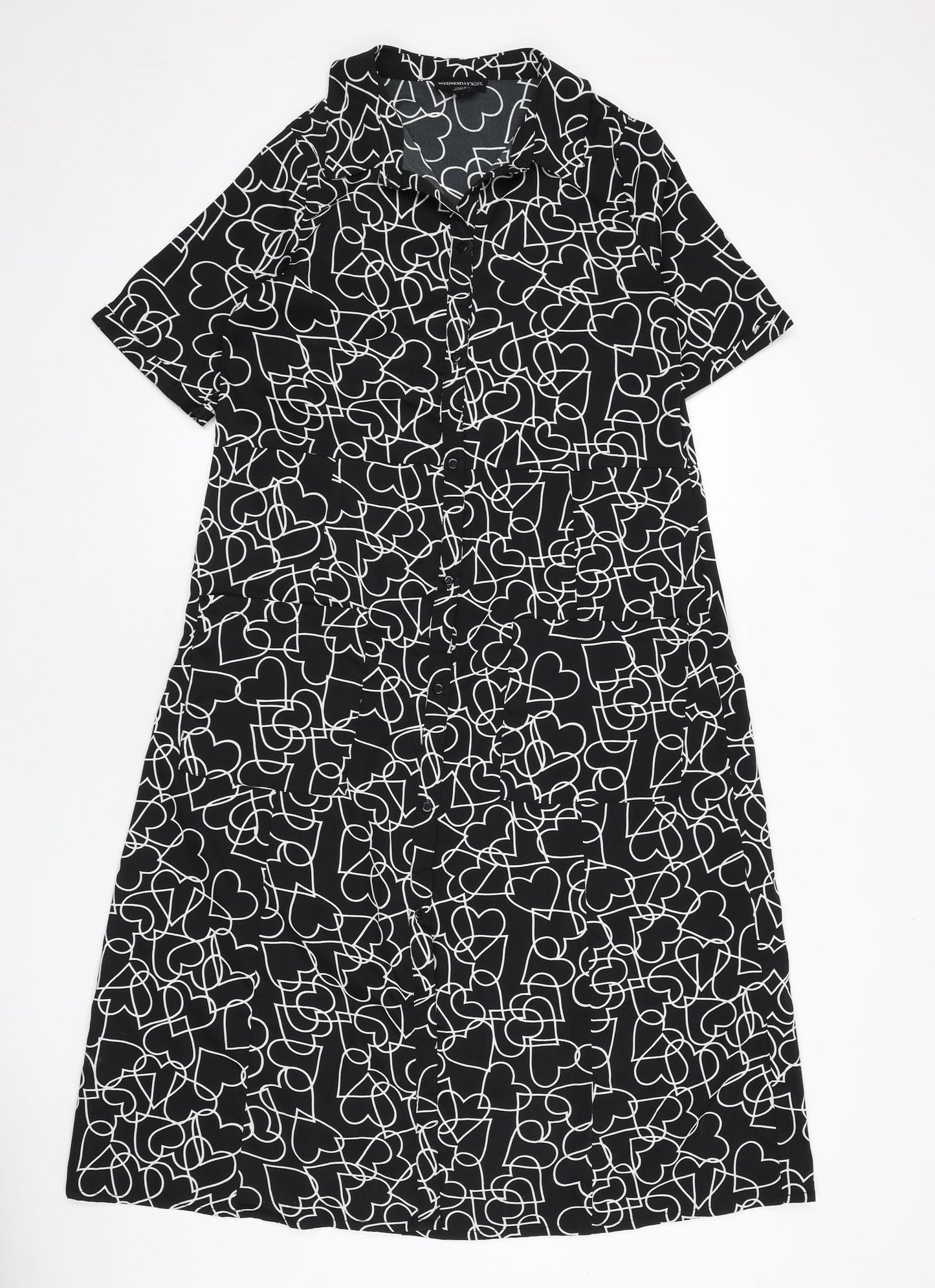 Wednesday's Girl Womens Black Geometric Polyester A-Line Size S Collared Button - Hearts