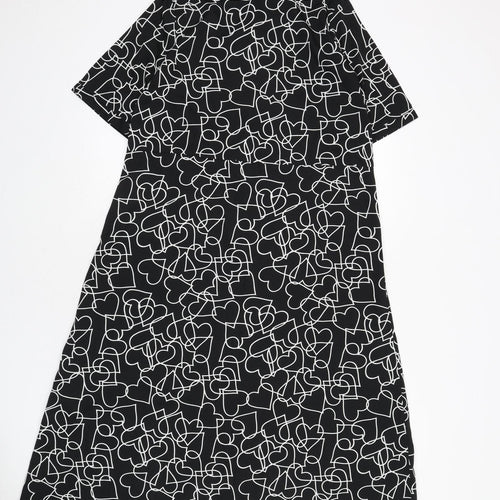 Wednesday's Girl Womens Black Geometric Polyester A-Line Size S Collared Button - Hearts