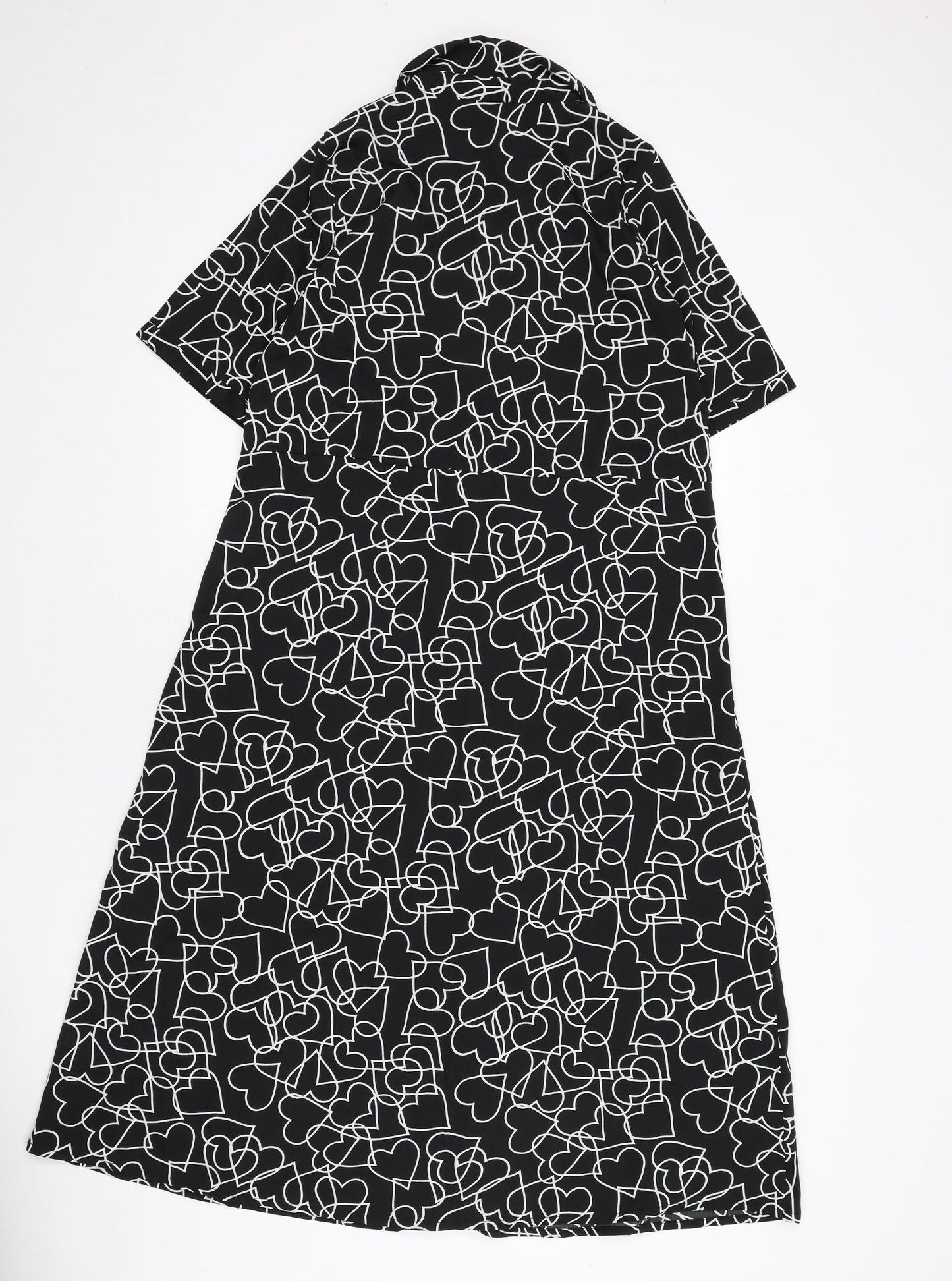 Wednesday's Girl Womens Black Geometric Polyester A-Line Size S Collared Button - Hearts
