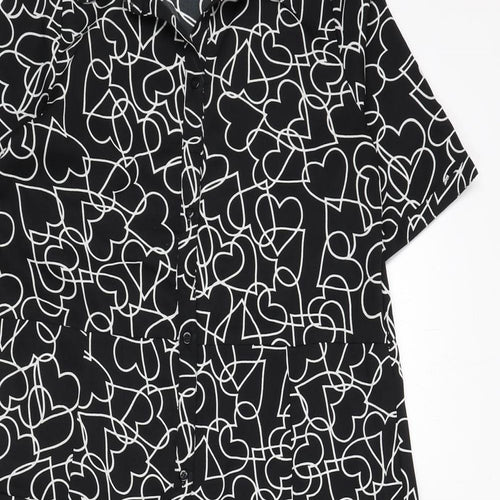 Wednesday's Girl Womens Black Geometric Polyester A-Line Size S Collared Button - Hearts
