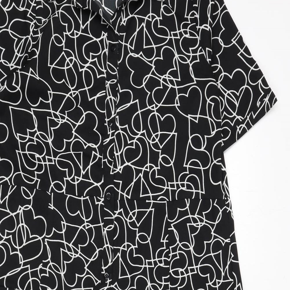 Wednesday's Girl Womens Black Geometric Polyester A-Line Size S Collared Button - Hearts