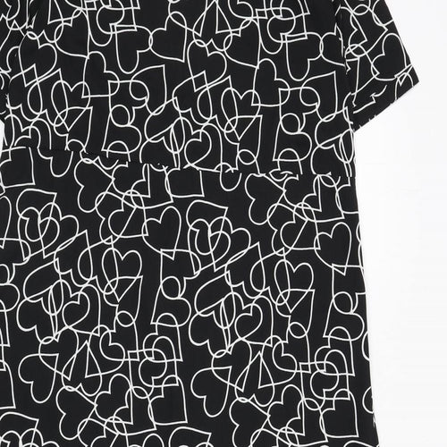 Wednesday's Girl Womens Black Geometric Polyester A-Line Size S Collared Button - Hearts
