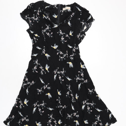 Billie & Blossom Womens Black Floral Polyester A-Line Size 12 V-Neck Zip - Birds