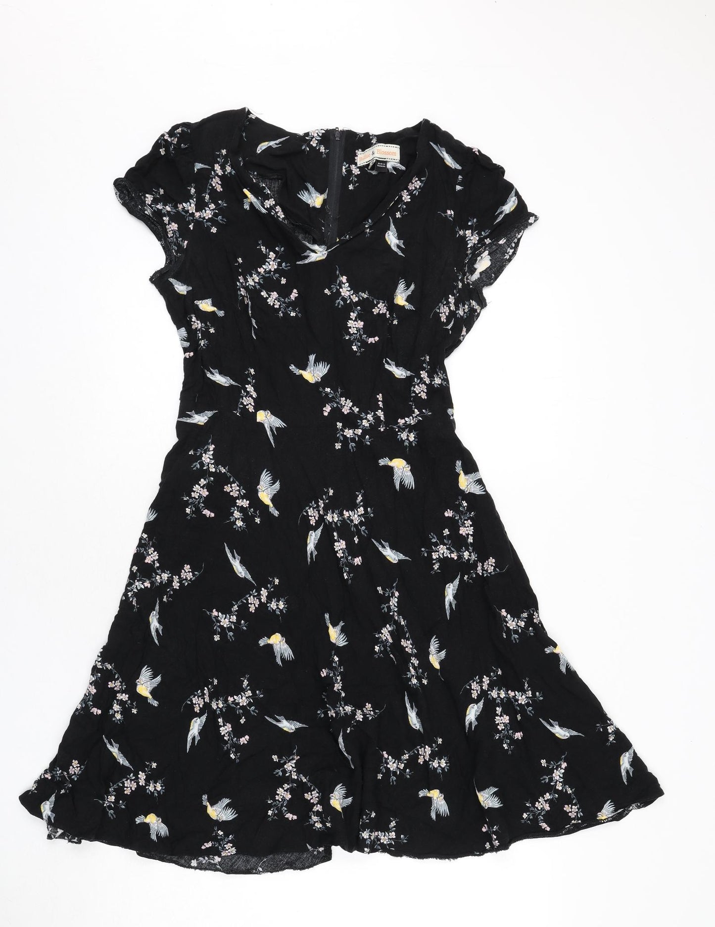 Billie & Blossom Womens Black Floral Polyester A-Line Size 12 V-Neck Zip - Birds