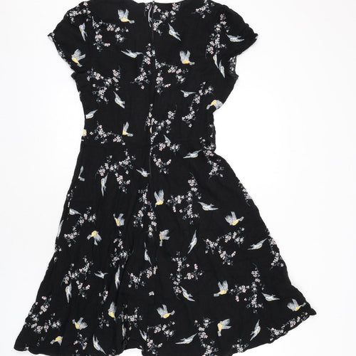 Billie & Blossom Womens Black Floral Polyester A-Line Size 12 V-Neck Zip - Birds