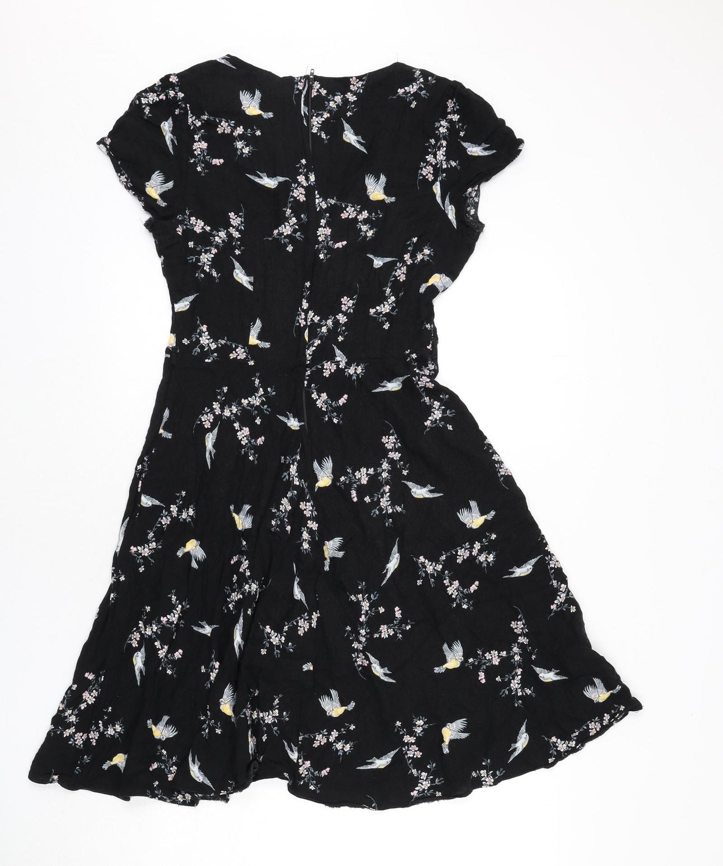 Billie & Blossom Womens Black Floral Polyester A-Line Size 12 V-Neck Zip - Birds