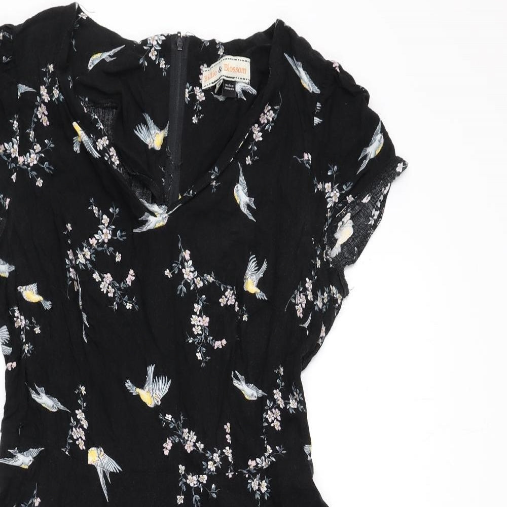 Billie & Blossom Womens Black Floral Polyester A-Line Size 12 V-Neck Zip - Birds