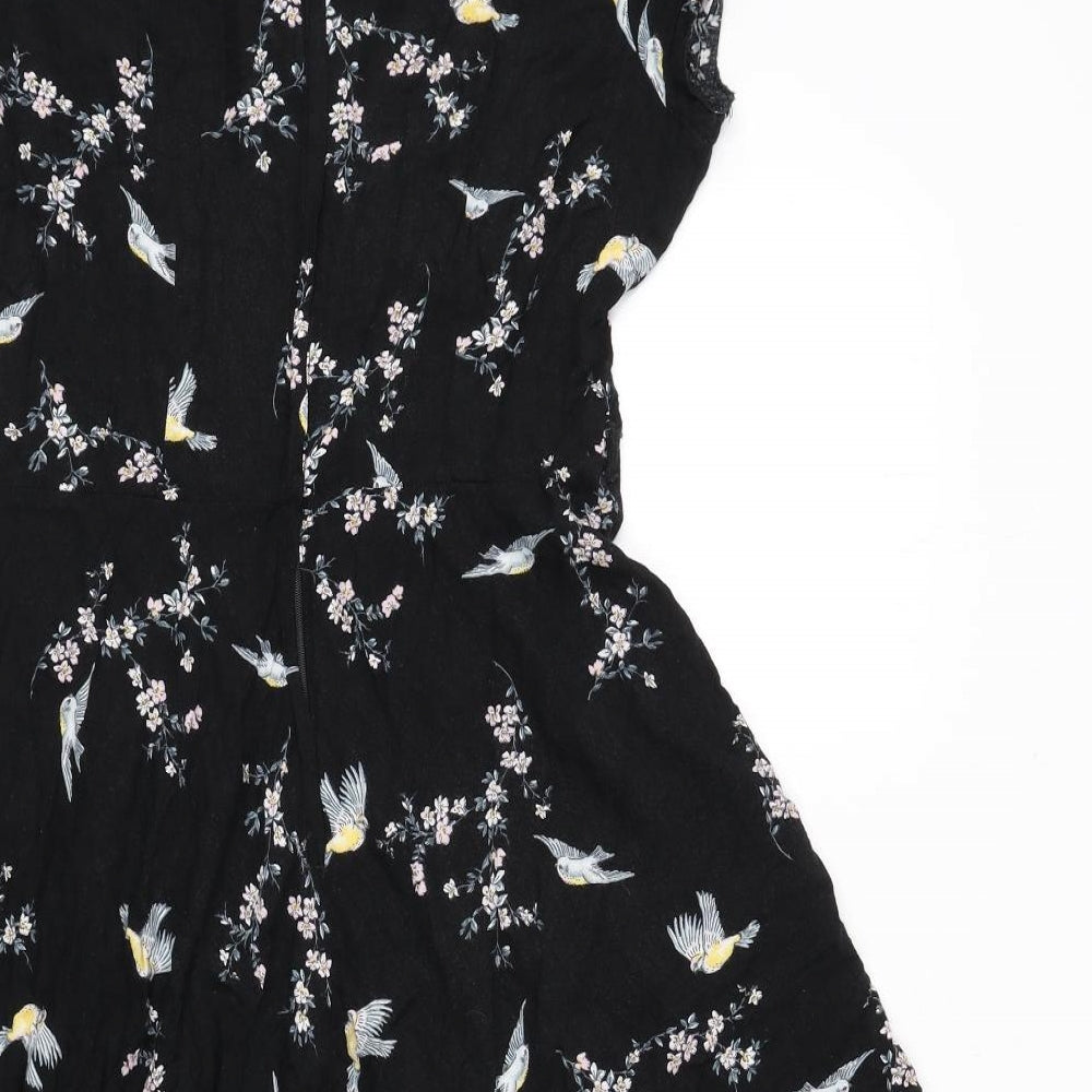 Billie & Blossom Womens Black Floral Polyester A-Line Size 12 V-Neck Zip - Birds
