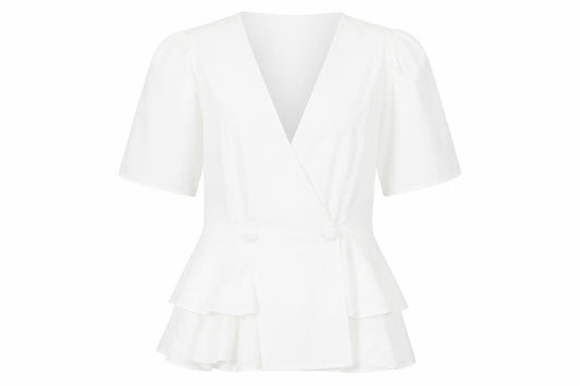 Front view of ASOS women’s white polyester basic blouse, size UK 8, v-neck - ruffles, tiered
