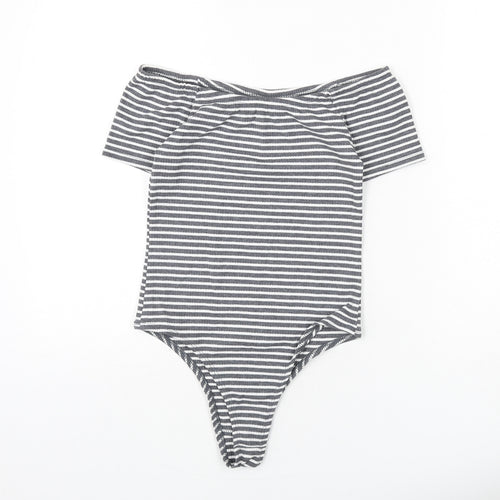 FACTORIE Womens Grey Striped Polyester Bodysuit One-Piece Size S Pullover