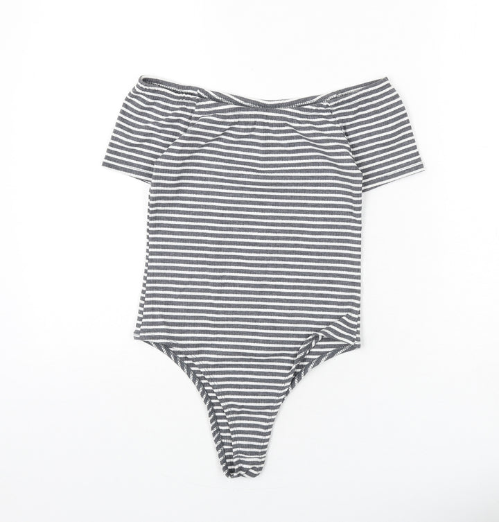 FACTORIE Womens Grey Striped Polyester Bodysuit One-Piece Size S Pullover