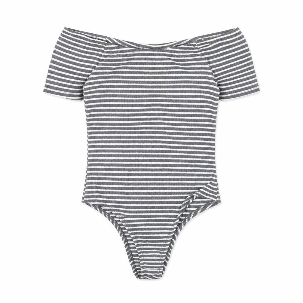 Front view of FACTORIE women’s grey striped polyester bodysuit one-piece, size S, pullover