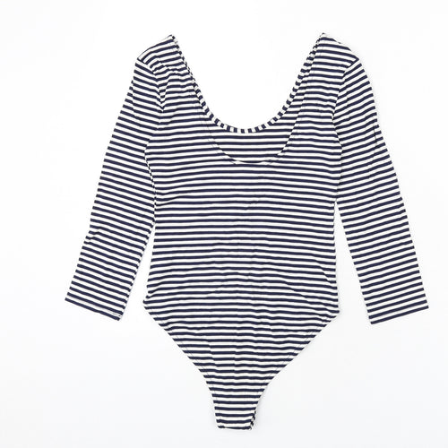 FOREVER 21 Womens Blue Striped Vinyl Bodysuit One-Piece Size S Pullover