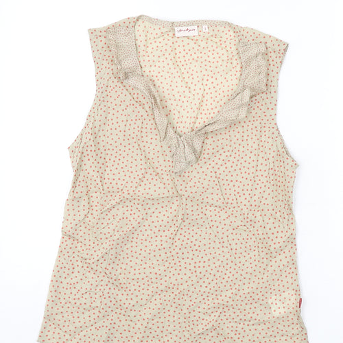 Jackpot Womens Beige Polka Dot Cotton Basic Tank Size M V-Neck - Ruffle Detail