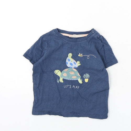 John Lewis Boys Blue 100% Cotton Basic T-Shirt Size 2-3 Years Round Neck Button - Turtle, Bee