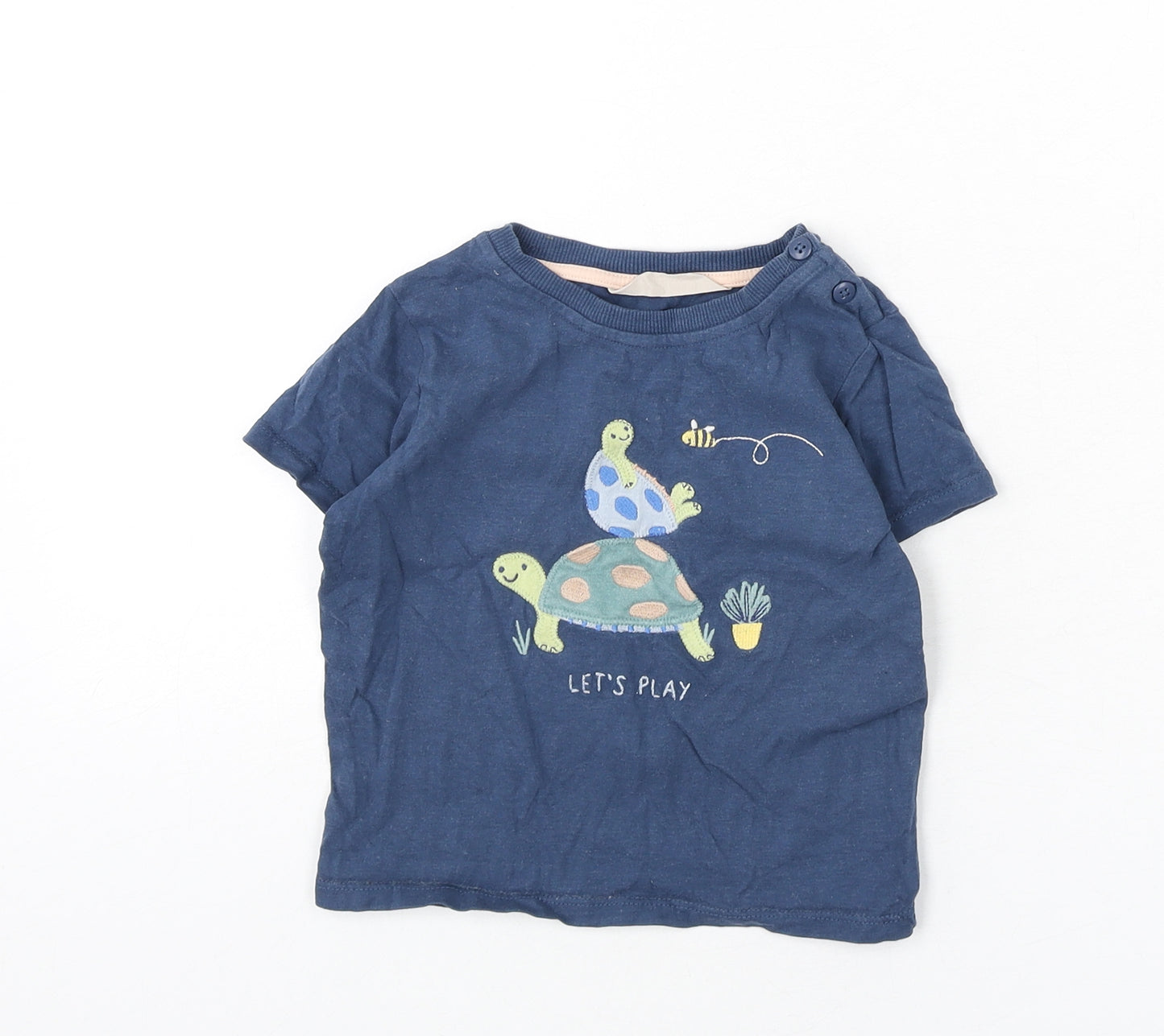 John Lewis Boys Blue 100% Cotton Basic T-Shirt Size 2-3 Years Round Neck Button - Turtle, Bee