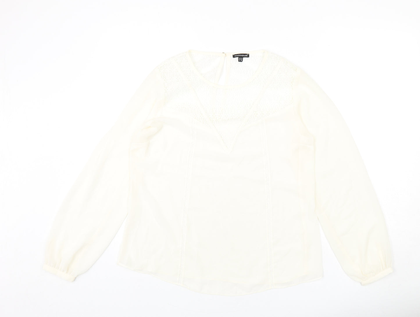 Warehouse Womens Ivory Polyester Basic Blouse Size 14 Round Neck - Lace Detail