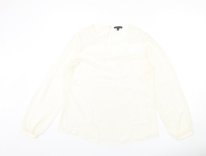 Warehouse Womens Ivory Polyester Basic Blouse Size 14 Round Neck - Lace Detail