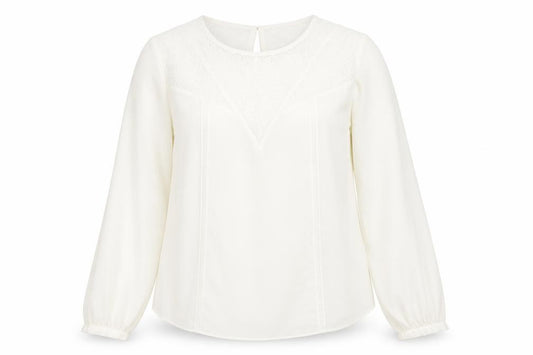Front view of Warehouse women’s ivory polyester basic blouse, size UK 14, round neck - lace detail