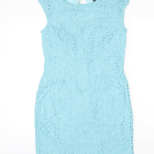 Warehouse Womens Blue Floral Cotton Pencil Dress Size 14 Round Neck Button - Lace Overlay