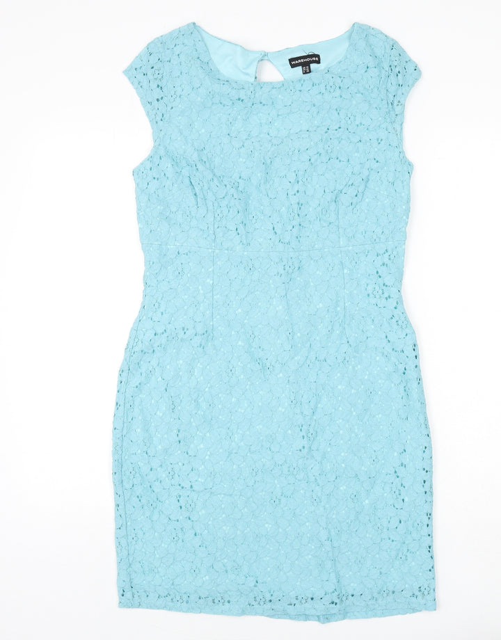 Warehouse Womens Blue Floral Cotton Pencil Dress Size 14 Round Neck Button - Lace Overlay
