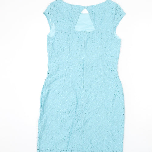 Warehouse Womens Blue Floral Cotton Pencil Dress Size 14 Round Neck Button - Lace Overlay