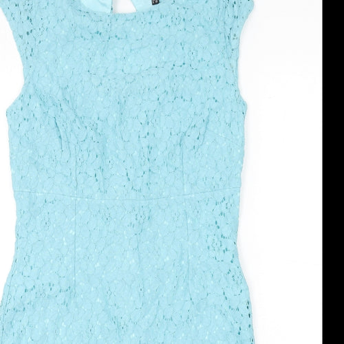 Warehouse Womens Blue Floral Cotton Pencil Dress Size 14 Round Neck Button - Lace Overlay