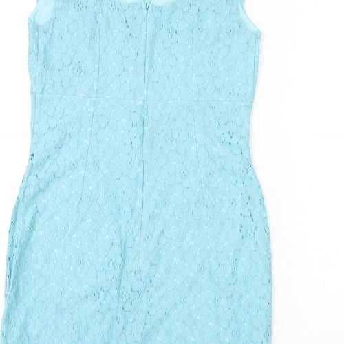 Warehouse Womens Blue Floral Cotton Pencil Dress Size 14 Round Neck Button - Lace Overlay