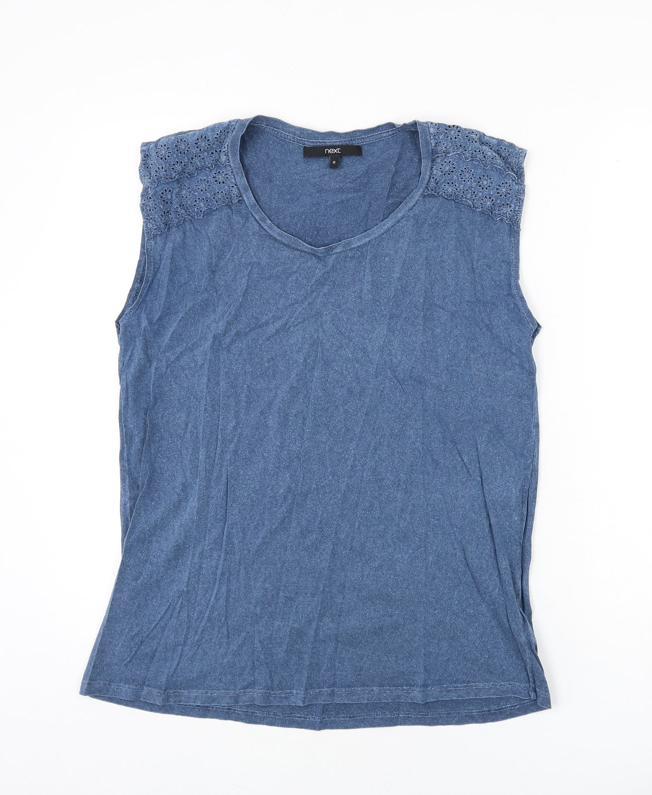 NEXT Womens Blue 100% Cotton Basic Tank Size 12 Scoop Neck - Lace Detail