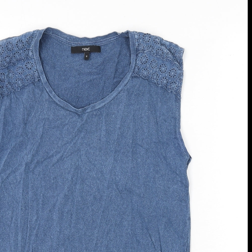 NEXT Womens Blue 100% Cotton Basic Tank Size 12 Scoop Neck - Lace Detail