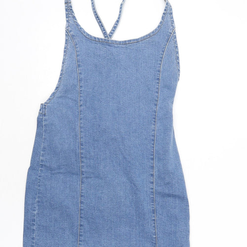 PRETTYLITTLETHING Womens Blue Cotton Bodycon Size 6 Scoop Neck Tie