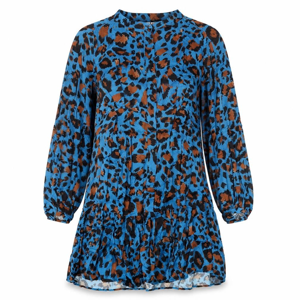 Gallery Womens Blue Animal Print Viscose A-Line Size M Round Neck Button - Leopard Print