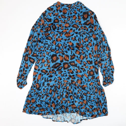 Gallery Womens Blue Animal Print Viscose A-Line Size M Round Neck Button - Leopard Print