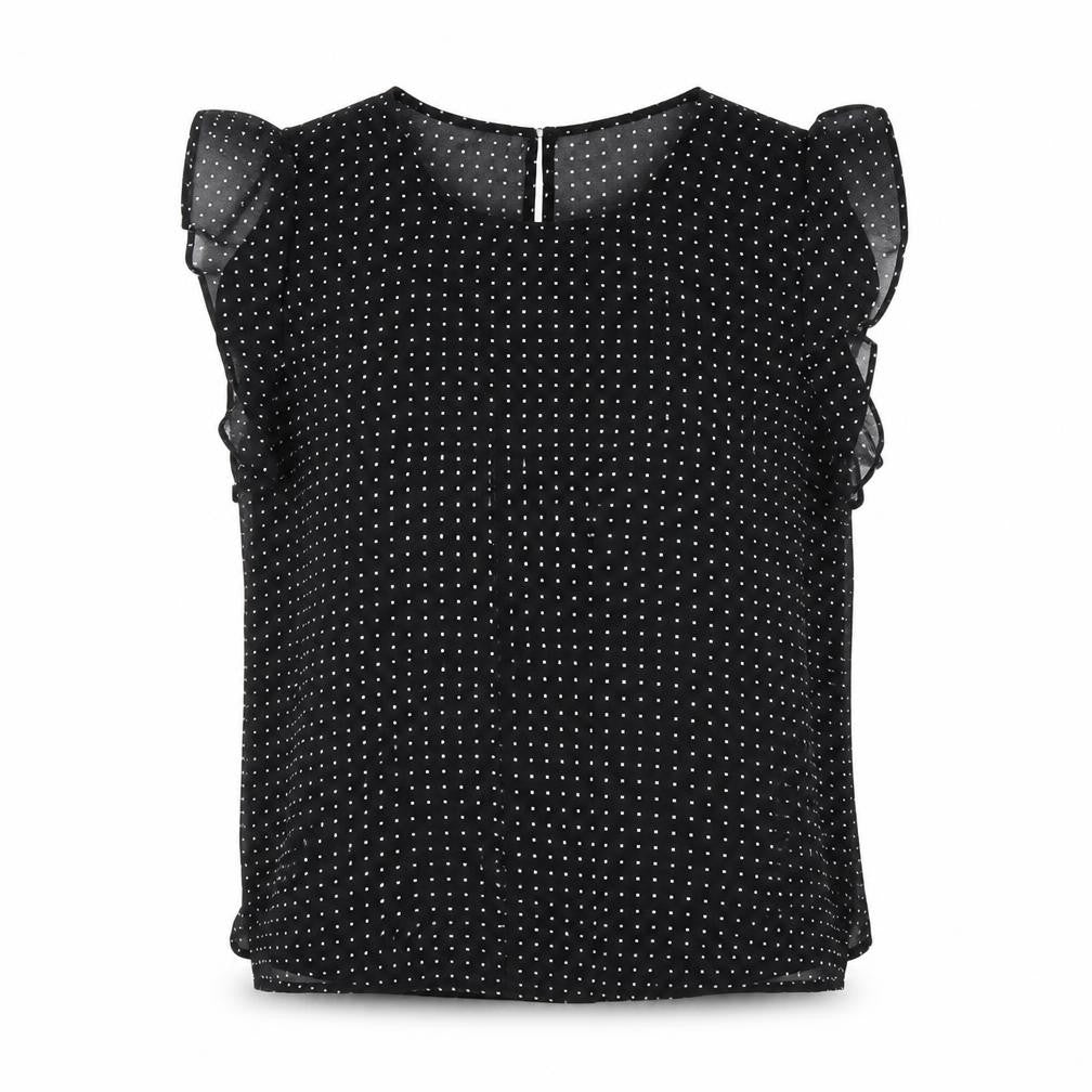 Front view of XXI women’s black polka dot polyester basic blouse, size M, round neck - ruffle detail