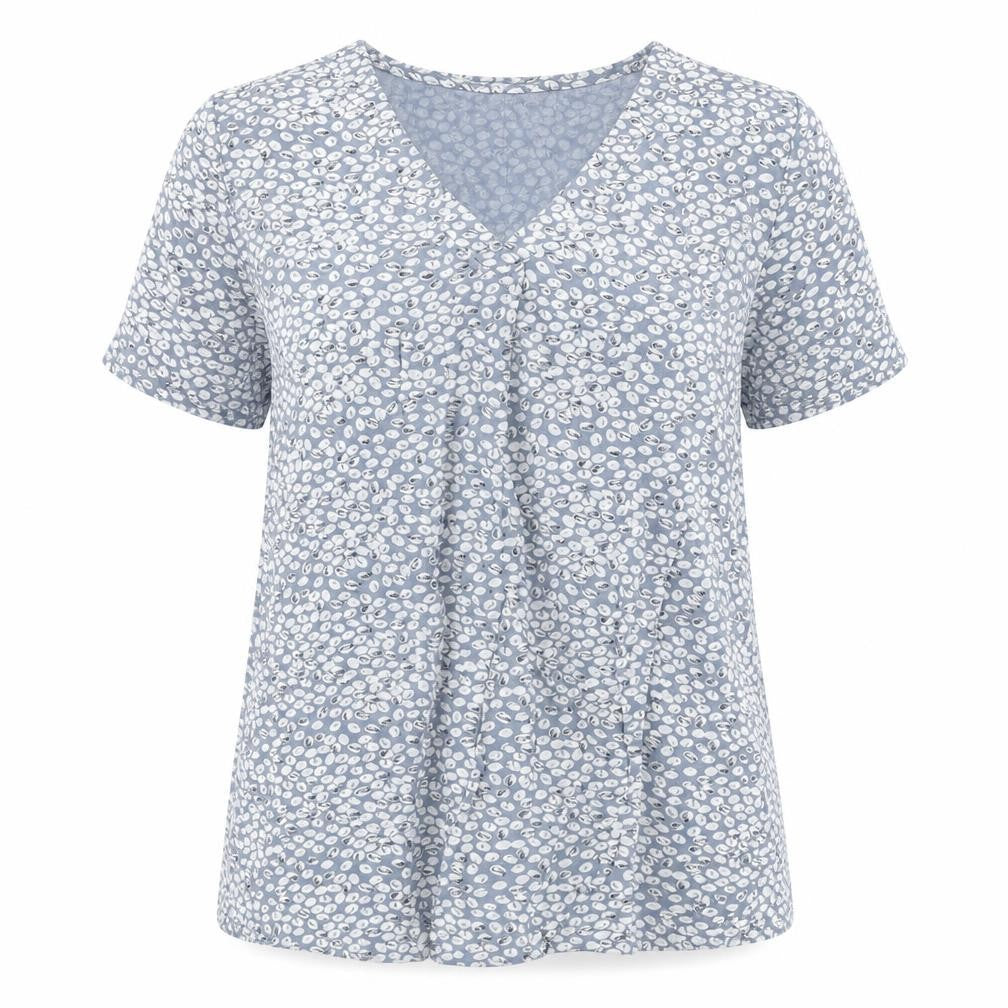 Front view of Adini women’s blue geometric viscose basic t-shirt, size M, v-neck