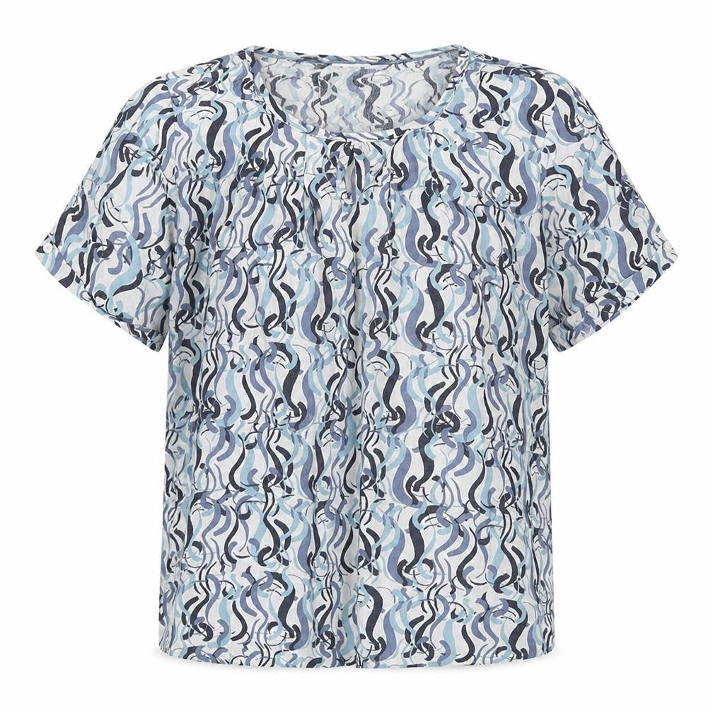 Front view of Adini women’s blue geometric viscose basic blouse, size XS, round neck - button detail