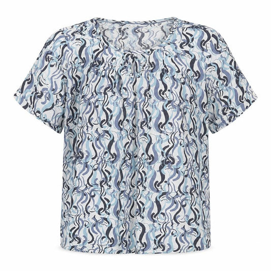 Front view of Adini women’s blue geometric viscose basic blouse, size XS, round neck - button detail