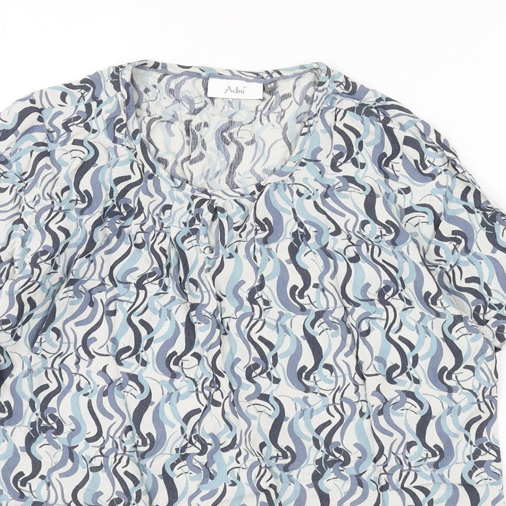 Adini Womens Blue Geometric Viscose Basic Blouse Size XS Round Neck - Button Detail